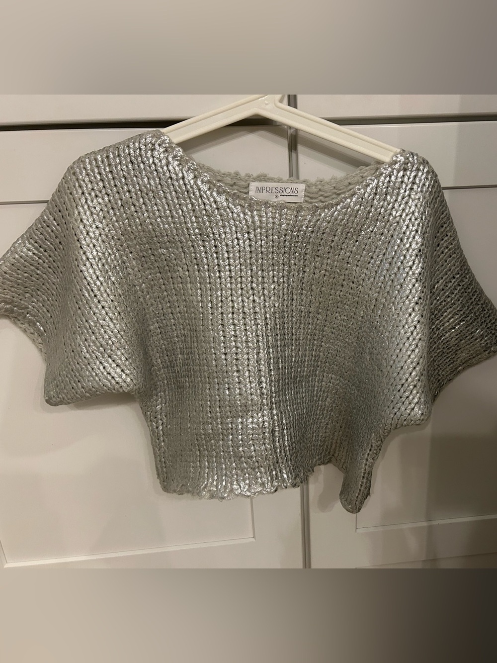Impressions Shimmery Silver Open-Knit Sweater Top